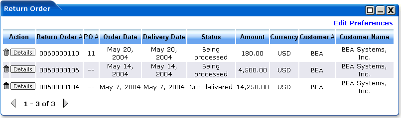 WebLogic Portlets for SAP - Return Order Portlet Screen