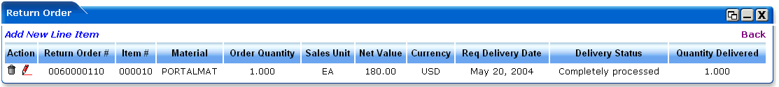 WebLogic Portlets for SAP - Return Order Portlet - Details Screen