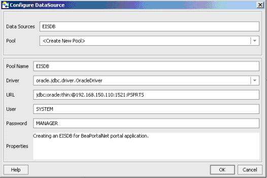 Configuring DataSource (for Oracle) Screen