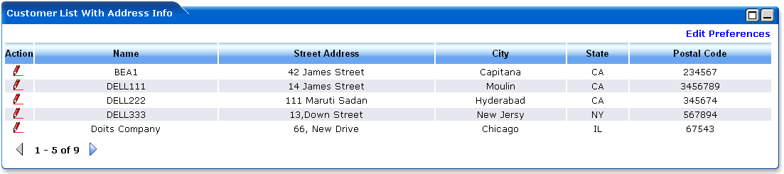 WebLogic Portlets for Siebel - Customer List with Address Info Portlet Screen