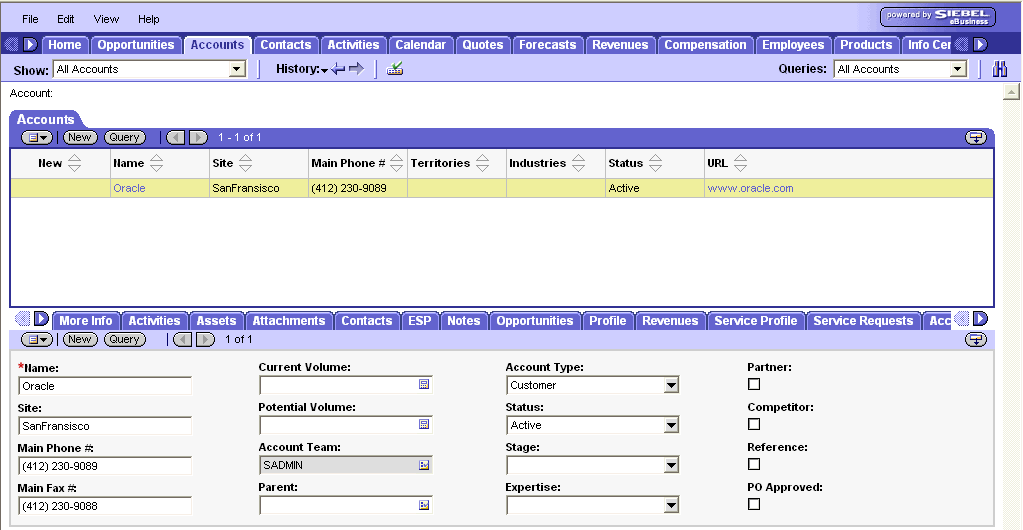 WebLogic Portlets for Siebel - My Accounts - Account Siebel screen