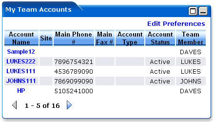 WebLogic Portlets for Siebel - My Team Accounts Portlet Screen