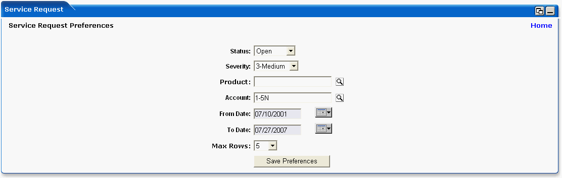 WebLogic Portlets for Siebel - Service Request Edit Preferences Portlet Screen