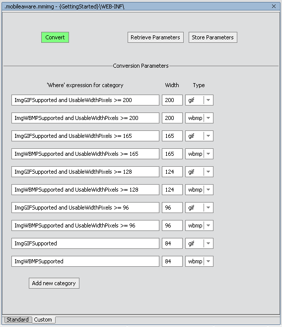 Custom Image Conversion Setup Screen 