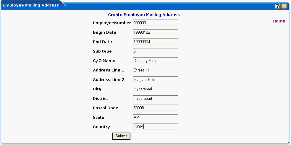 WebLogic Portlets for SAP HRMS - Create Employee Mailing Address Screen