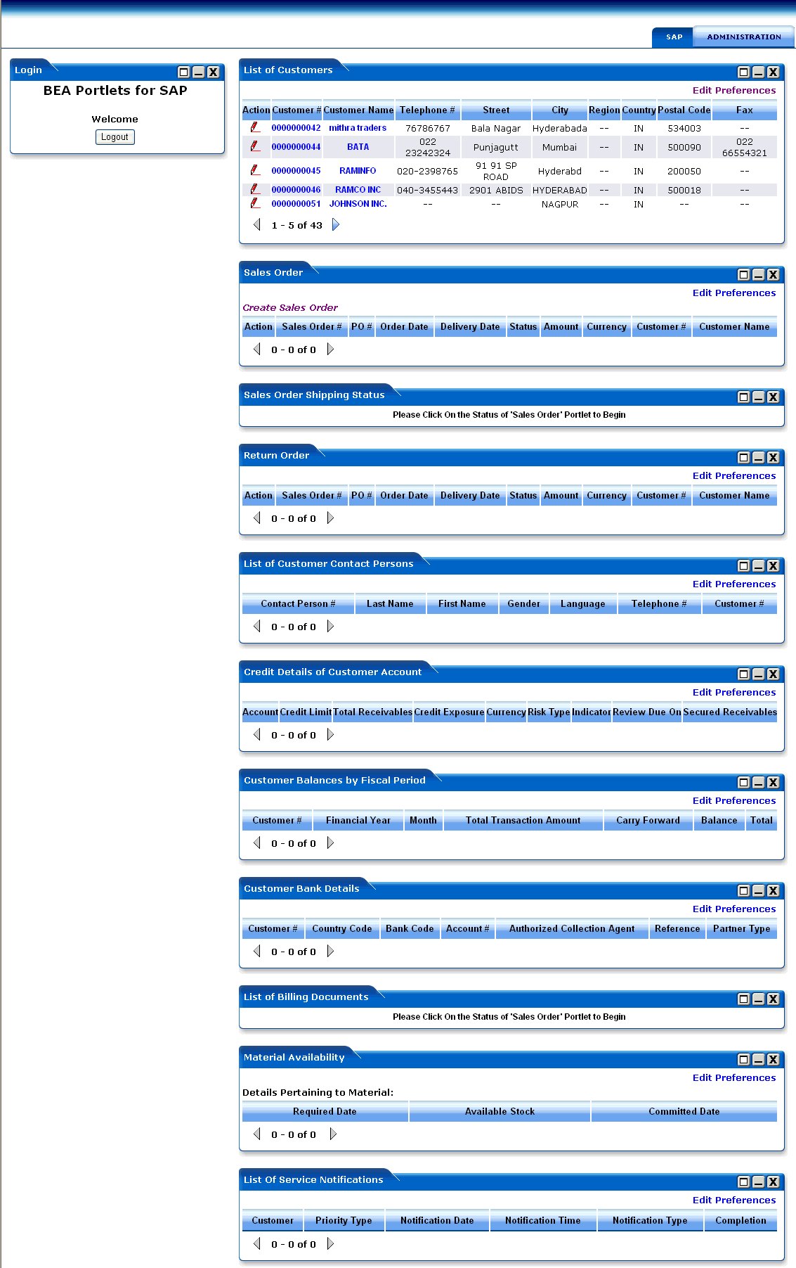 List of Portlets for the WebLogic Portlets for SAP Screen