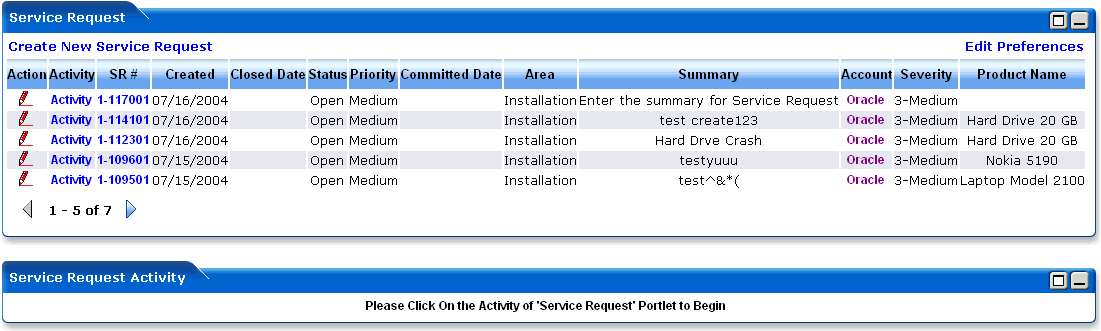 WebLogic Portlets for Siebel - Service Request Portlet Screen