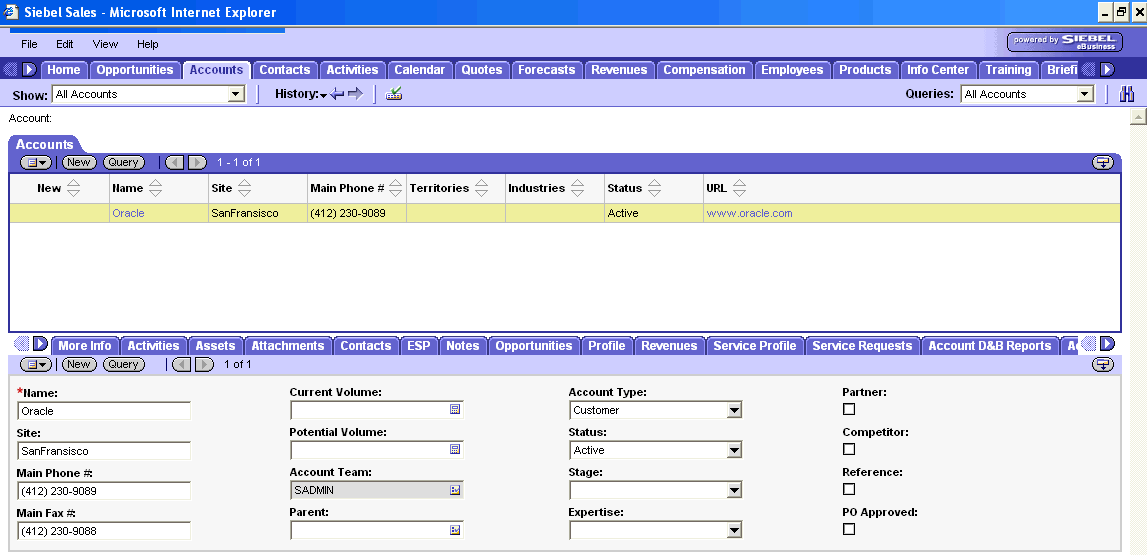 WebLogic Portlets for Siebel - Service Request - Account Details Screen