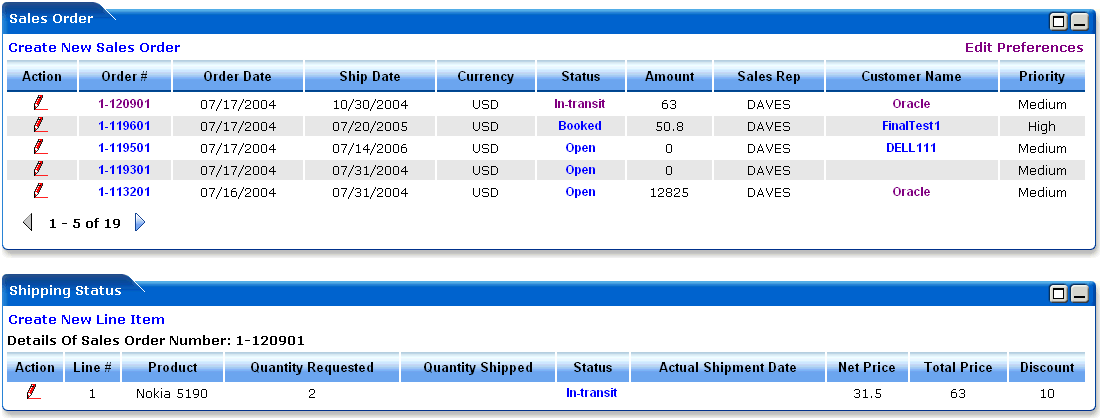 WebLogic Portlets for Siebel - Sales Order Shipping Status Portlet Screen