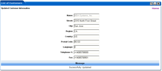 WebLogic Portlets for SAP List of Customers Portlet - Update Successful Message Screen