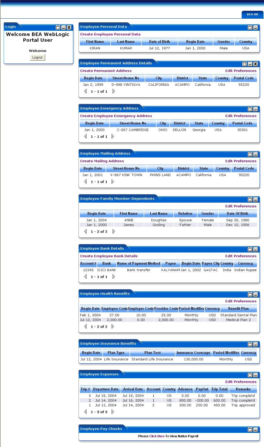 List of WebLogic Portlets for SAP HRMS Screen