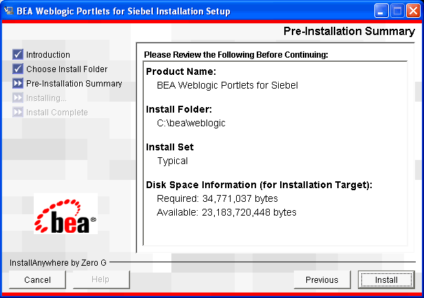 Pre-installation Summary Screen