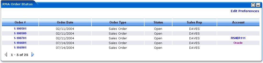 WebLogic Portlets for Siebel - RMA Order Status Portlet Screen