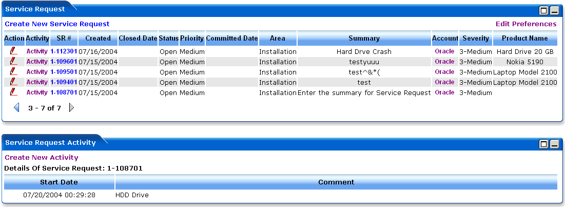 WebLogic Portlets for Siebel - Service Request Activity portlet Screen