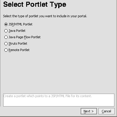 Select Portlet Type Dialog Box 