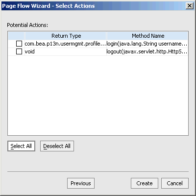 Page Flow Wizard - Select Action Dialog Box