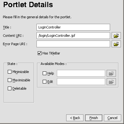 Portlet Wizard - Portlet Details Dialog Box for LoginController.jpf