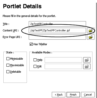 Portlet Details for a JPF Portlet
