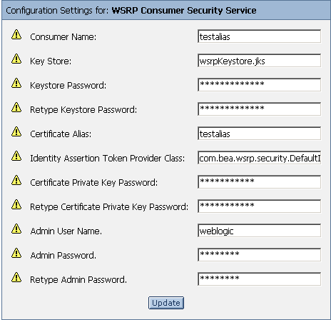 Configuration Settings for: WSRP Consumer Security Service Dialog Box