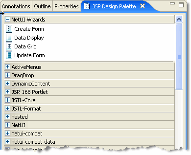 JSP Design Palette Showing Available JSP Tags