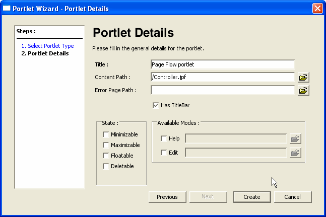 Portlet Wizard - JPF Portlet Details Dialog