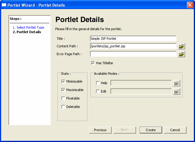 Portlet Wizard - JSP Portlet Details Dialog