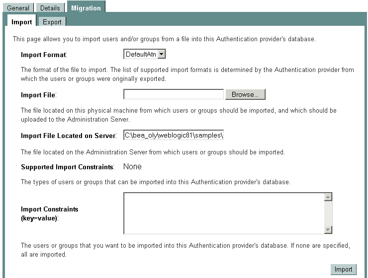 Migration Tab for the WebLogic Authentication Provider