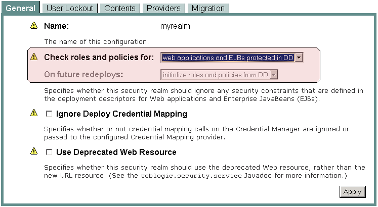 Administration Console: Security > Realms > myRealm > General 