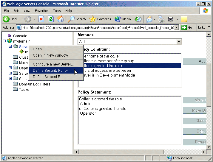Default Security Policy for the myserver Server 
