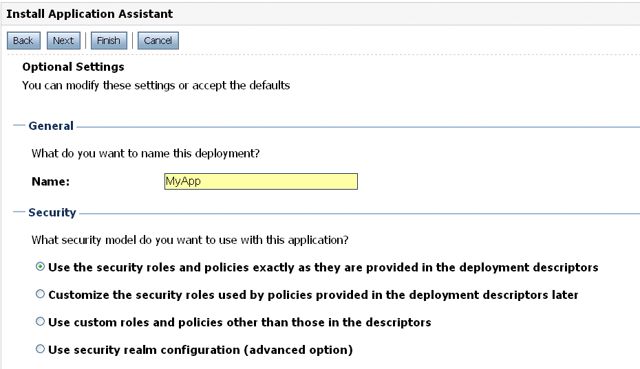 Administration Console: Security Section of the Deployment Assistant