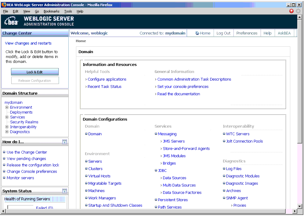 WebLogic Server Administration Console Main Window