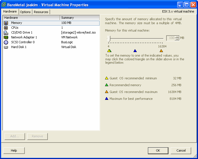 Virtual Machine Properties Window