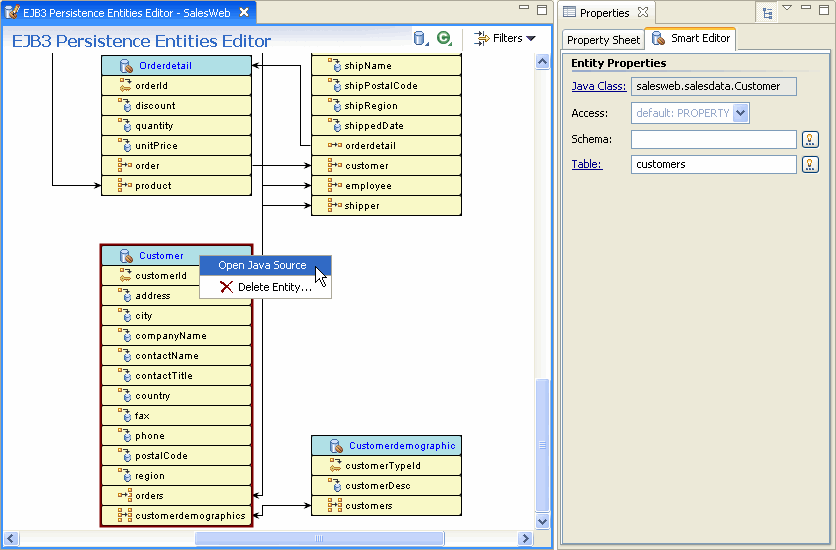 Click Open Java Source to view the source for the entity