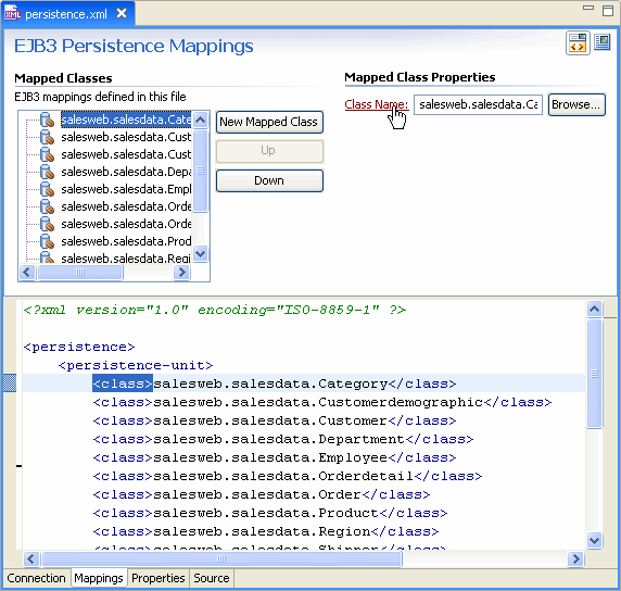 Click Class Name to edit source code for the mapped class
