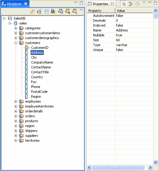See the Properties view for table and column properties