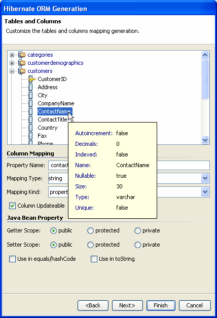 Map table columns to bean properties