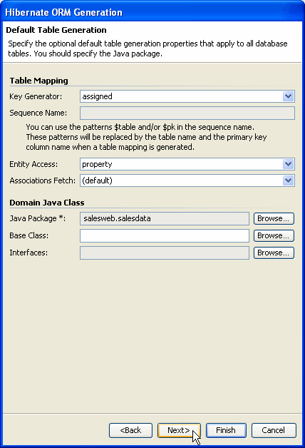 Fill in table generation properties