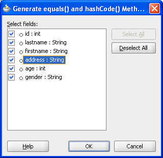 Generating equals() and hashCode() Methods