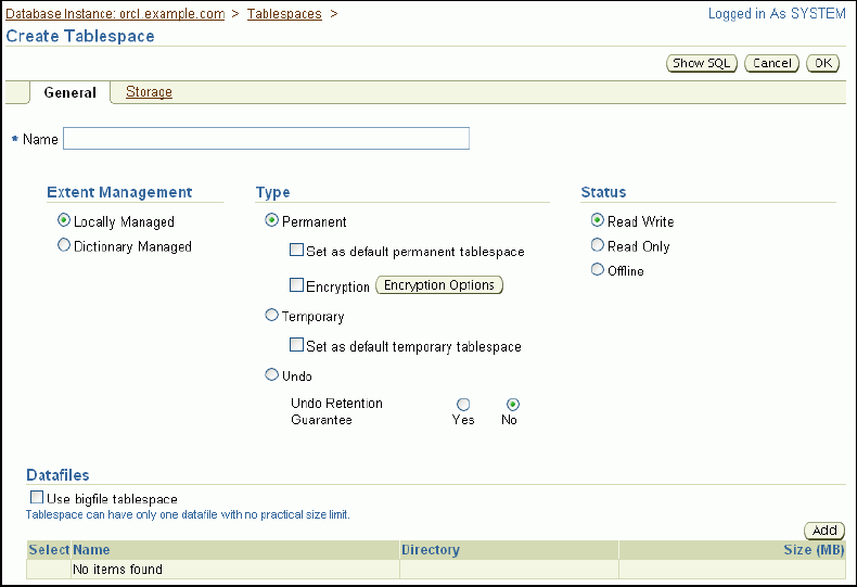 Description of create_tablespace.gif follows Description of create_tablespace.gif follows