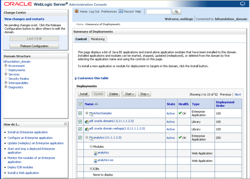 Oracle Web Logic Server Deployments page