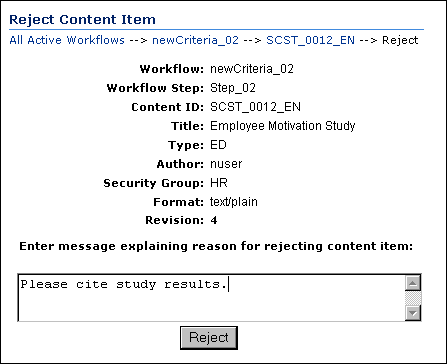 Reject Content Item page.