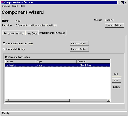 Component Wizard Install/UnInstall Settings tab.