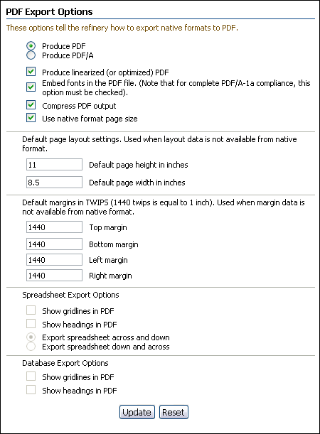 PDF Export Options Page