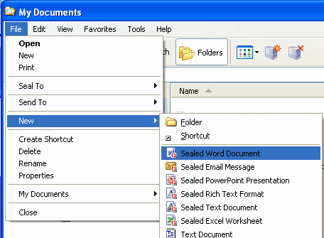 File and New and Sealed Word Document menus selected
