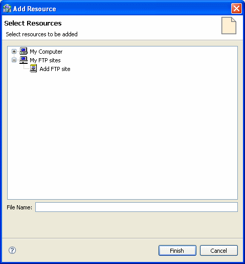 The Select Resources screen, used to browse and select files