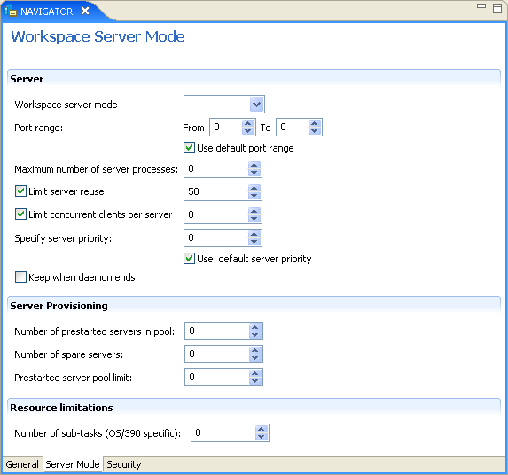 The workspace Server Mode tab