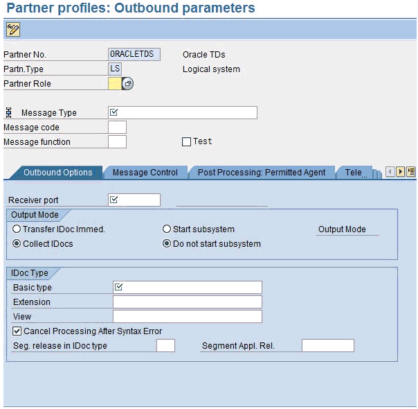 Partner profiles: Outbound parameters window