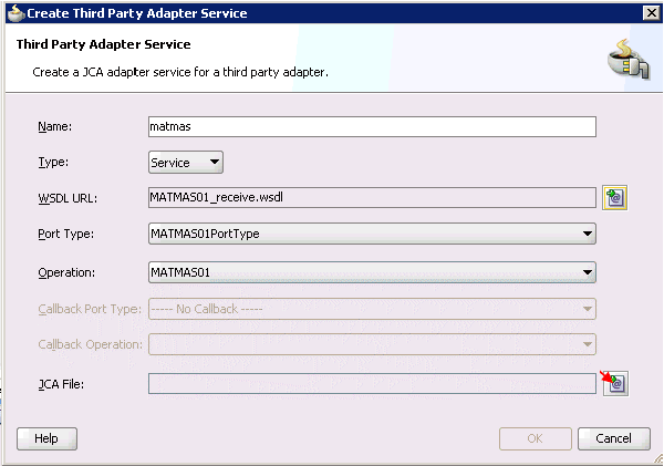 Create Third Party Adapter Service dialog box