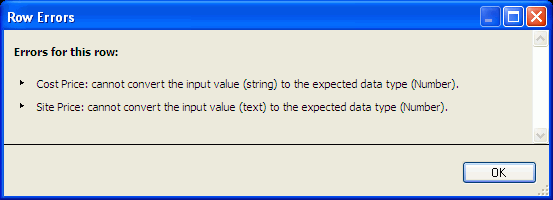 Dialog displaying row error message