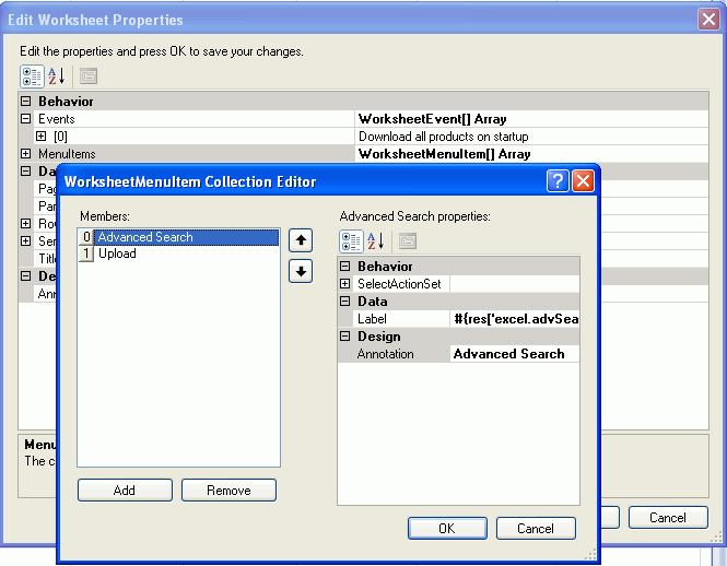 WorksheetMenuItem Collection Editor